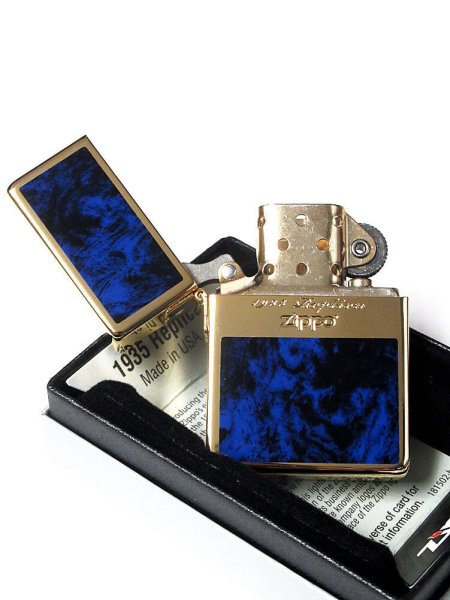 Photo2: Zippo 1935 Replica G Line Blue Gold Tank Gold Plating Etching Japan Limited Oil Ligter (2)