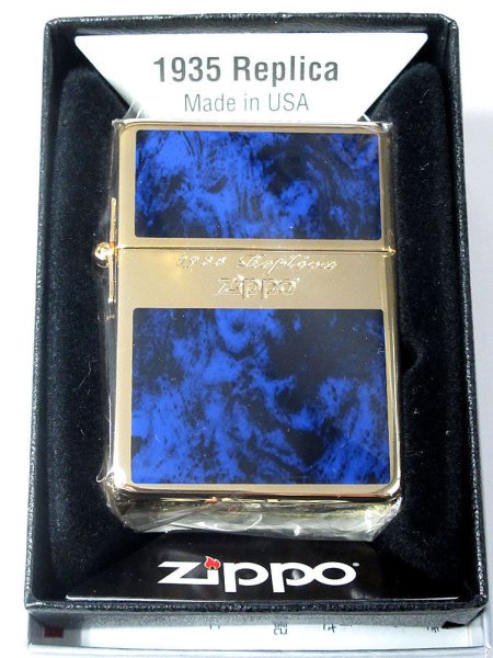 Photo5: Zippo 1935 Replica G Line Blue Gold Tank Gold Plating Etching Japan Limited Oil Ligter (5)
