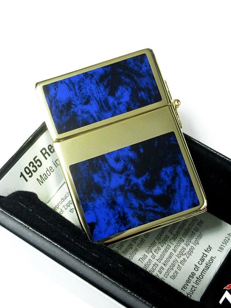 Photo3: Zippo 1935 Replica G Line Blue Gold Tank Gold Plating Etching Japan Limited Oil Ligter (3)