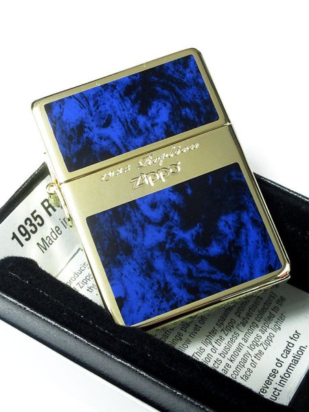 Photo1: Zippo 1935 Replica G Line Blue Gold Tank Gold Plating Etching Japan Limited Oil Ligter (1)