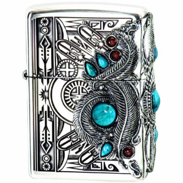Photo1: Zippo Feather 3-sides Metal Etching Turquoise Red Coral Silver Plating Japan Limited Oil Lighter (1)