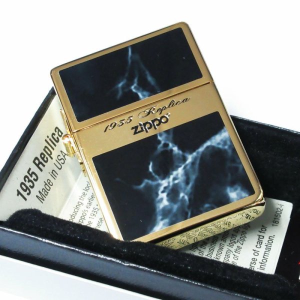 Photo1: Zippo 1935 Replica G Line Black Gold Tank Gold Plating Etching Japan Limited Oil Lighter (1)