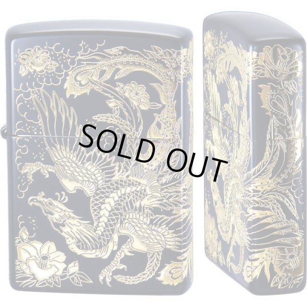 Photo1: Zippo Flying Phoenix 2-sides Etching Ion Black Gold Plating Japan Limited Oil Lighter (1)