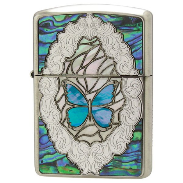 Photo1: Zippo Armor Case Blue Butterfly Rose Shell Inlay Nickel Etching Japan Limited Oil Lighter (1)