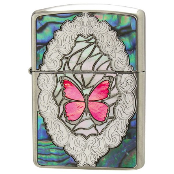 Photo1: Zippo Armor Case Pink Butterfly Rose Shell Inlay Nickel Etching Japan Limited Oil Lighter (1)