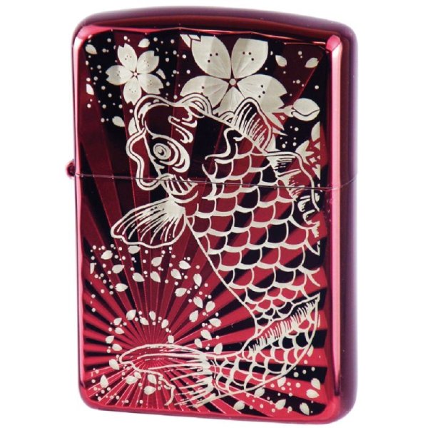 Photo1: Zippo Armor Case Jumping Carp Sakura Cherry Blossoms Ion Red Japan Limited Oil Lighter (1)