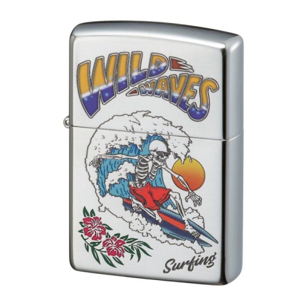 Photo1: Zippo Surfing Skull Wild Waves Hibiscus Satena Etching Japan Limited Oil Lighter (1)