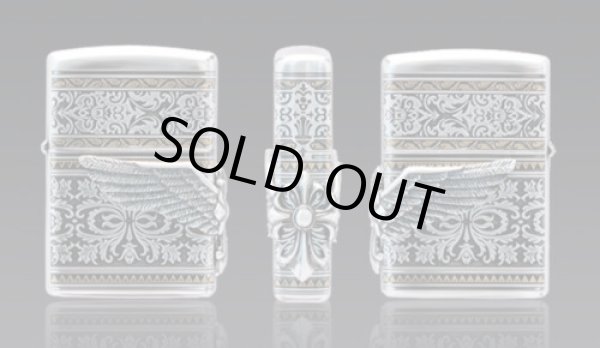 Photo3: Zippo Cross Wing 3-sides Metal Baroque Etching Antique Gold Silver Plating Japan Limited Oil Lighter (3)