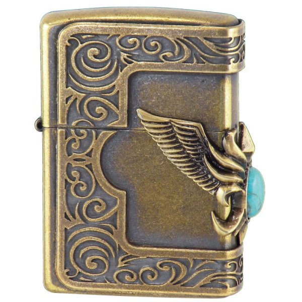 Photo2: Zippo Turquoise Wing 3-sides Metal Plate Oxidized Brass Barrel Finished Japan Limited Oil Lighter (2)