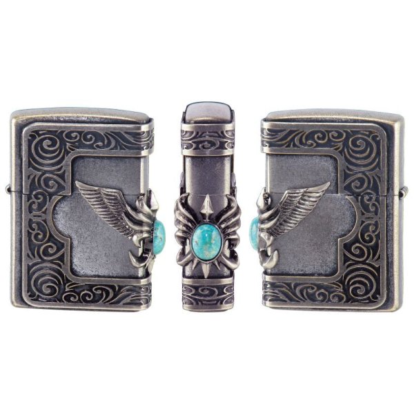 Photo1: Zippo Turquoise Wing 3-sides Metal Plate Oxidized Barrel Finished Japan Limited Oil Lighter (1)
