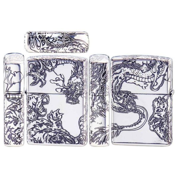 Photo1: Zippo Dragon Tiger 5-Sides Etching Oxidized Silver Plating Japan Limited Oil Lighter (1)