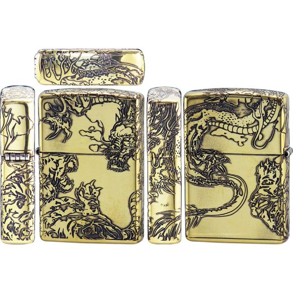 Photo1: Zippo Dragon Tiger 5-Sides Etching Oxidized Brass Plating Japan Limited Oil Lighter (1)