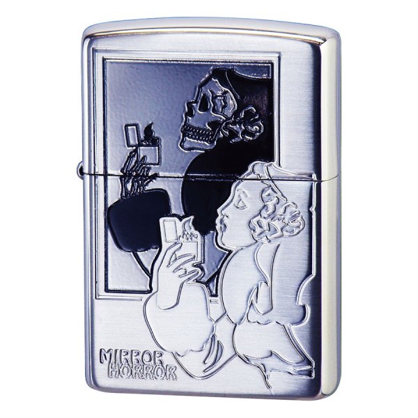 Photo1: Zippo Windy Girl Mirror Horror Skull Silver Plating Etching Japan Limited Oil Lighter (1)