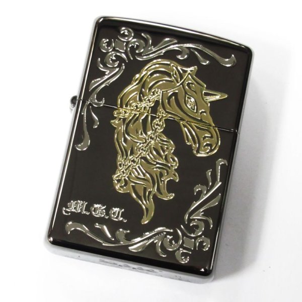 Photo1: Outlet Zippo Gold Unicorn Black Nickel Plating Etching Japan Limited Oil Lighter (1)