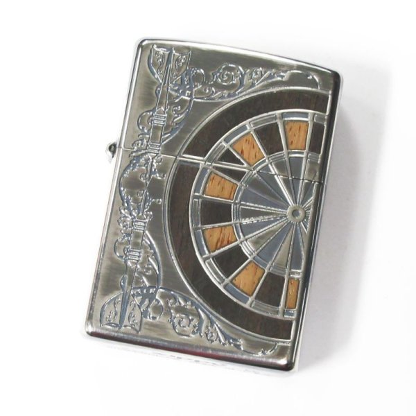 Photo1: Zippo Antique Darts Wood Inlay Oxidized Silver Both Sides Etching Japan Limited Oil Lighter (1)