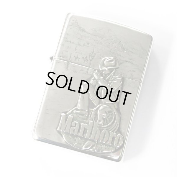 Photo1: Sterling Silver Marlboro Cowboy Metal Zippo 4-sides Etching Japan Limited Oil Lighter (1)