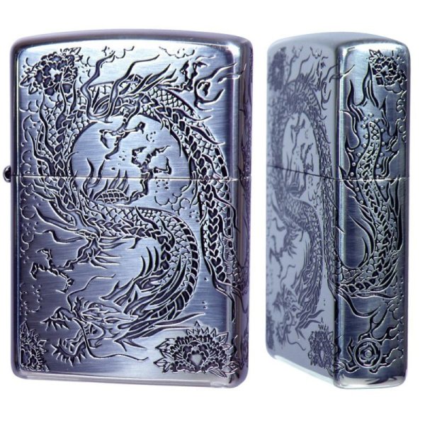 Photo1: Zippo Dragon 2-Sides Etching Oxidized Silver Plating Japan Limited Oil Lighter (1)