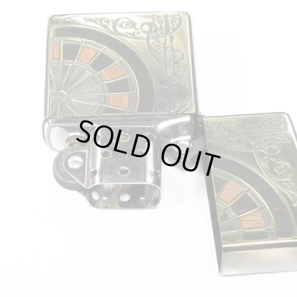 Photo3: Zippo Antique Darts Wood Inlay Oxidized Brass Both Sides Etching Japan Limited Oil Lighter (3)