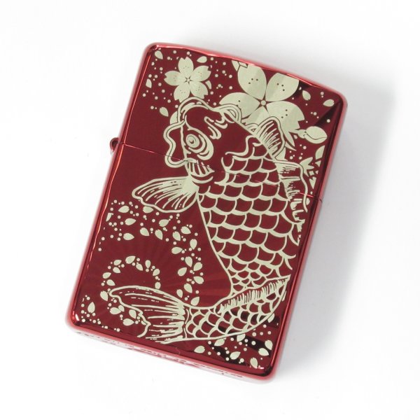 Photo1: Zippo Armor Case Jumping Carp Sakura Cherry Blossoms Ion Red Japan Limited Oil Lighter (1)