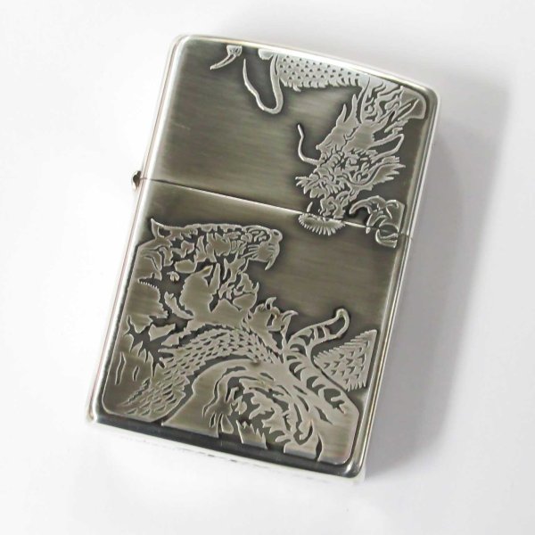 Photo1: Zippo Dragon Tiger Both Sides Etching Oxidized Silver Plating Japan Limited Oil Lighter (1)