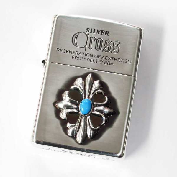 Photo1: Zippo Gothic Cross Metal Acrylic Imitation Turquoise Silver Etching Japan Limited Oil Lighter (1)
