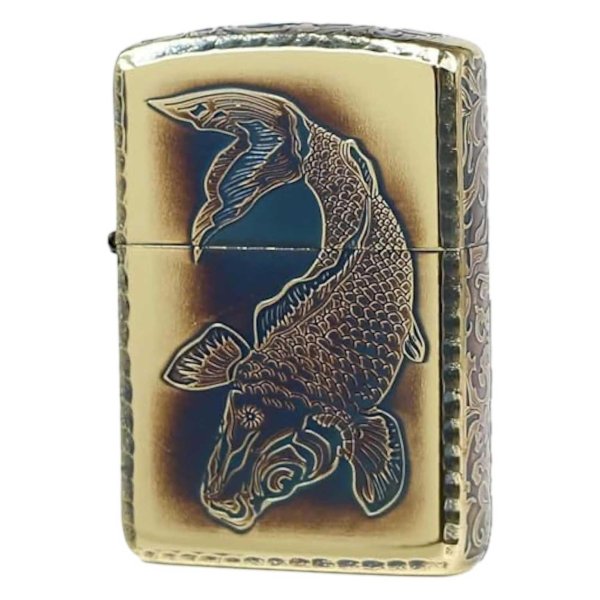 Photo1: Zippo Armor Case Carp Arabesque 5-sides Etching Oxidized Brass Plating Gold Tank Japan Limited Oil Lighter (1)