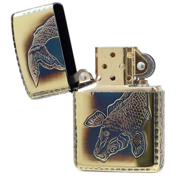 Photo3: Zippo Armor Case Carp Arabesque 5-sides Etching Oxidized Brass Plating Gold Tank Japan Limited Oil Lighter (3)