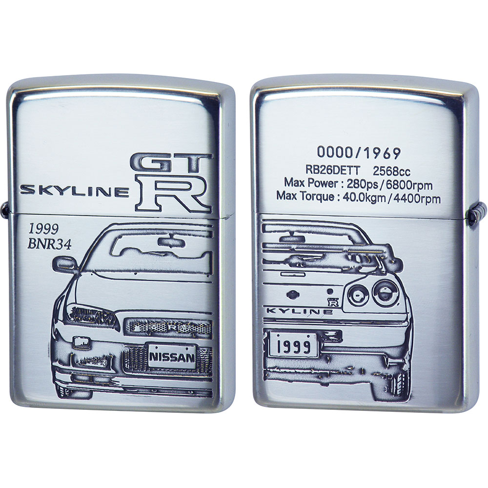 Zippo NISSAN SKYLINE GT-R BNR34 Both Sides Etching Oxidized Silver Plating  Japan Limited Oil Lighter