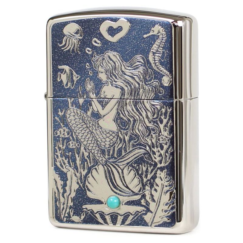 Zippo Armor Case Mermaid Turquoise White Nickel Plating Etching Japan  Limited Oil Lighter
