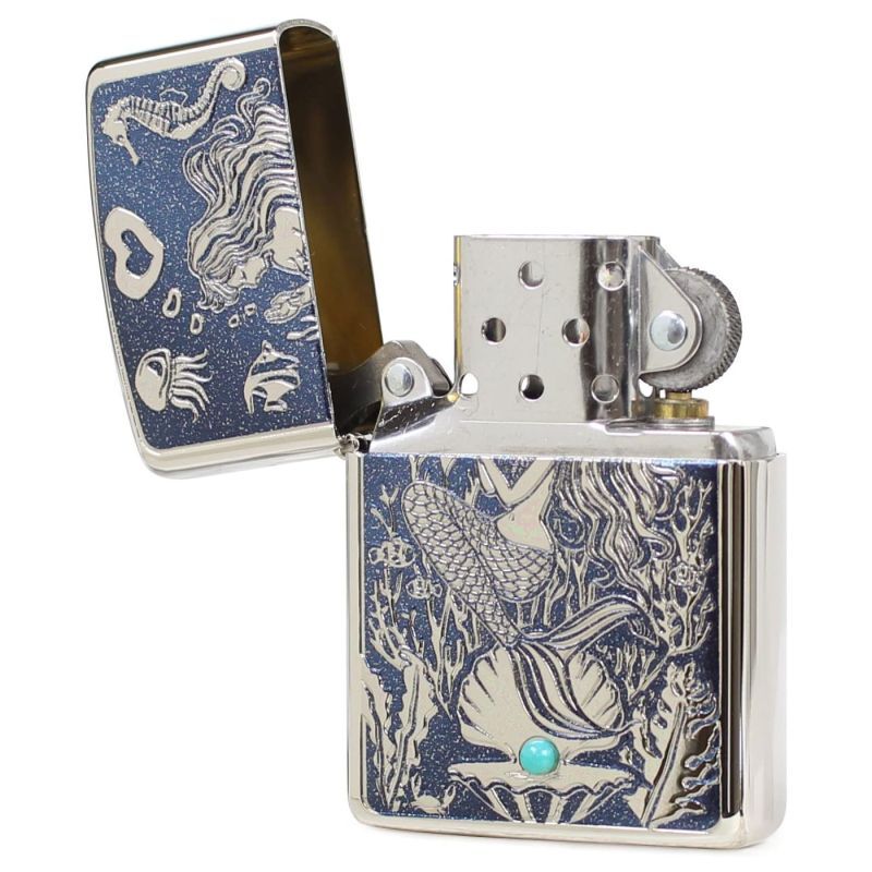 Zippo Armor Case Mermaid Turquoise White Nickel Plating Etching Japan  Limited Oil Lighter