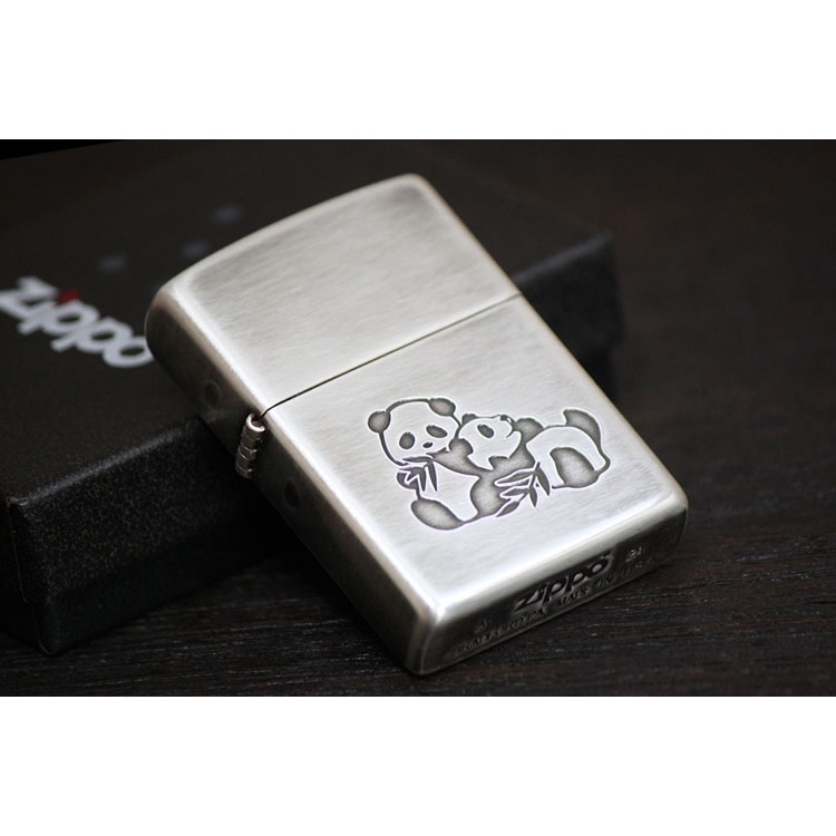 Zippo Chinese Panda Bear Twins Etching Oxidized Silver Plating Japan  Limited Oil Lighter
