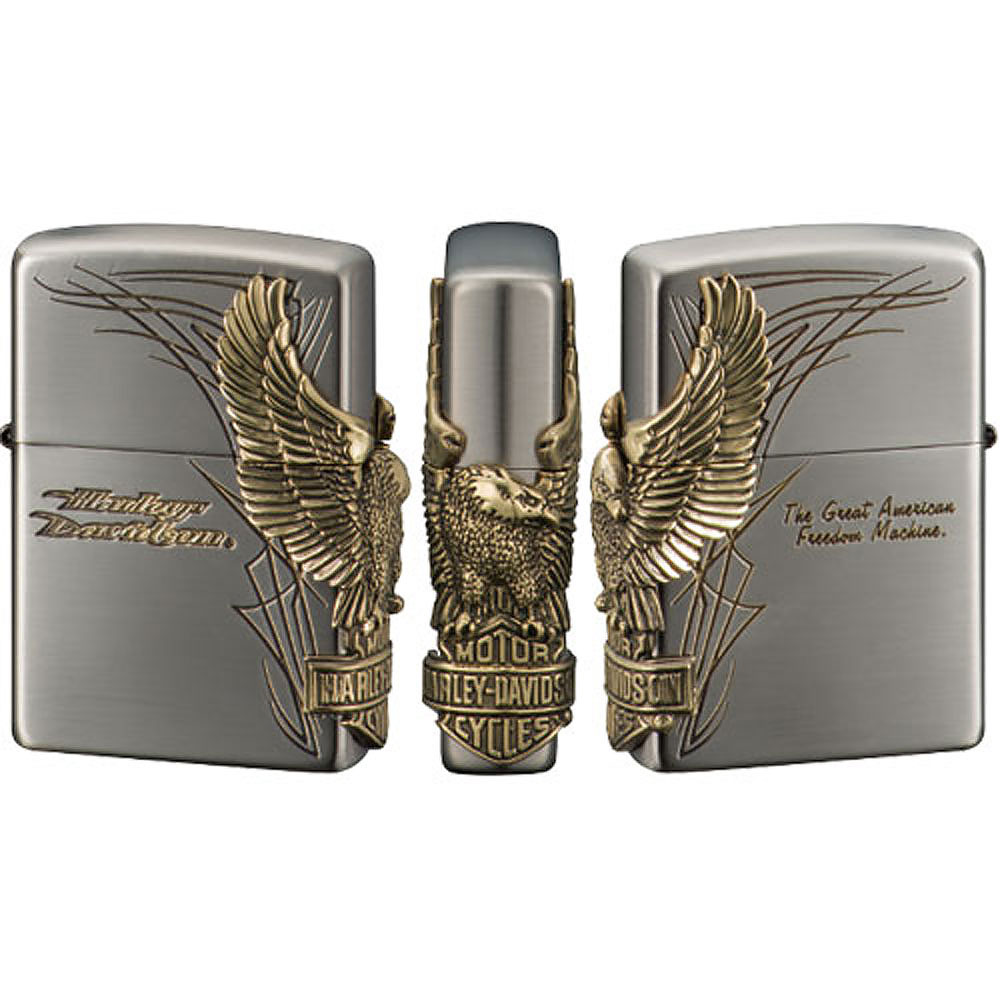 Zippo Harley Davidson Japan Limited Eagle 3-sides Metal Antique Nickel Brass HDP-66 Oil Lighter