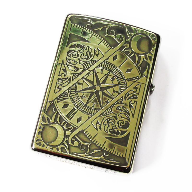 Zippo Antique Sundial Wood Inlay Oxidized Brass Both Sides Etching