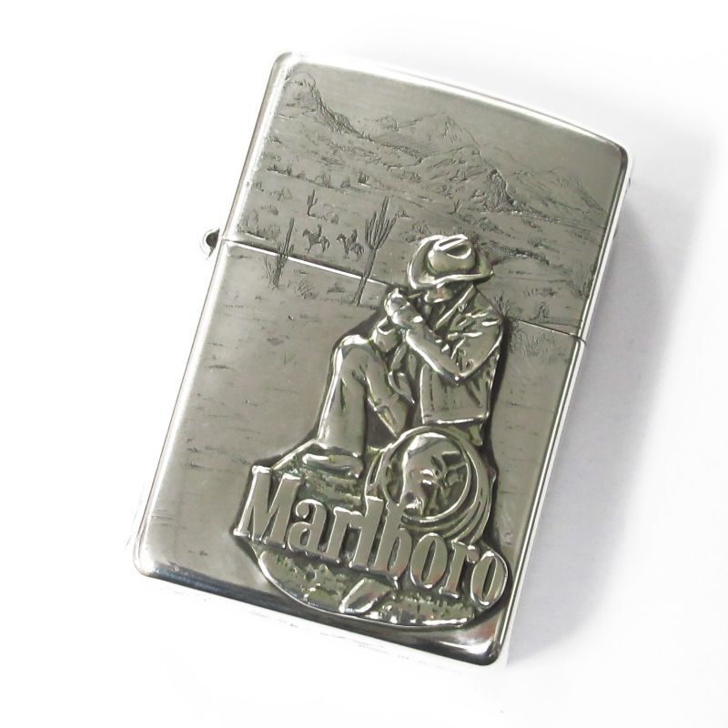 Sterling Silver Marlboro Cowboy Metal Zippo 4-sides Etching Japan Limited Oil Lighter
