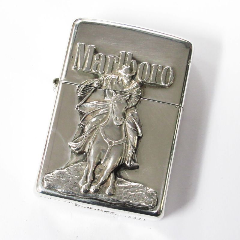 Used Sterling Silver Marlboro Cowboy Metal Zippo 1993 Japan Limited Oil Lighter