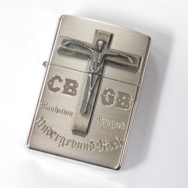 VIntage Zippo CBGB & OMFUG Logo Cross Skeleton Metal Silver Satena Plating Both Sides Etching Japan Limited Oil Lighter